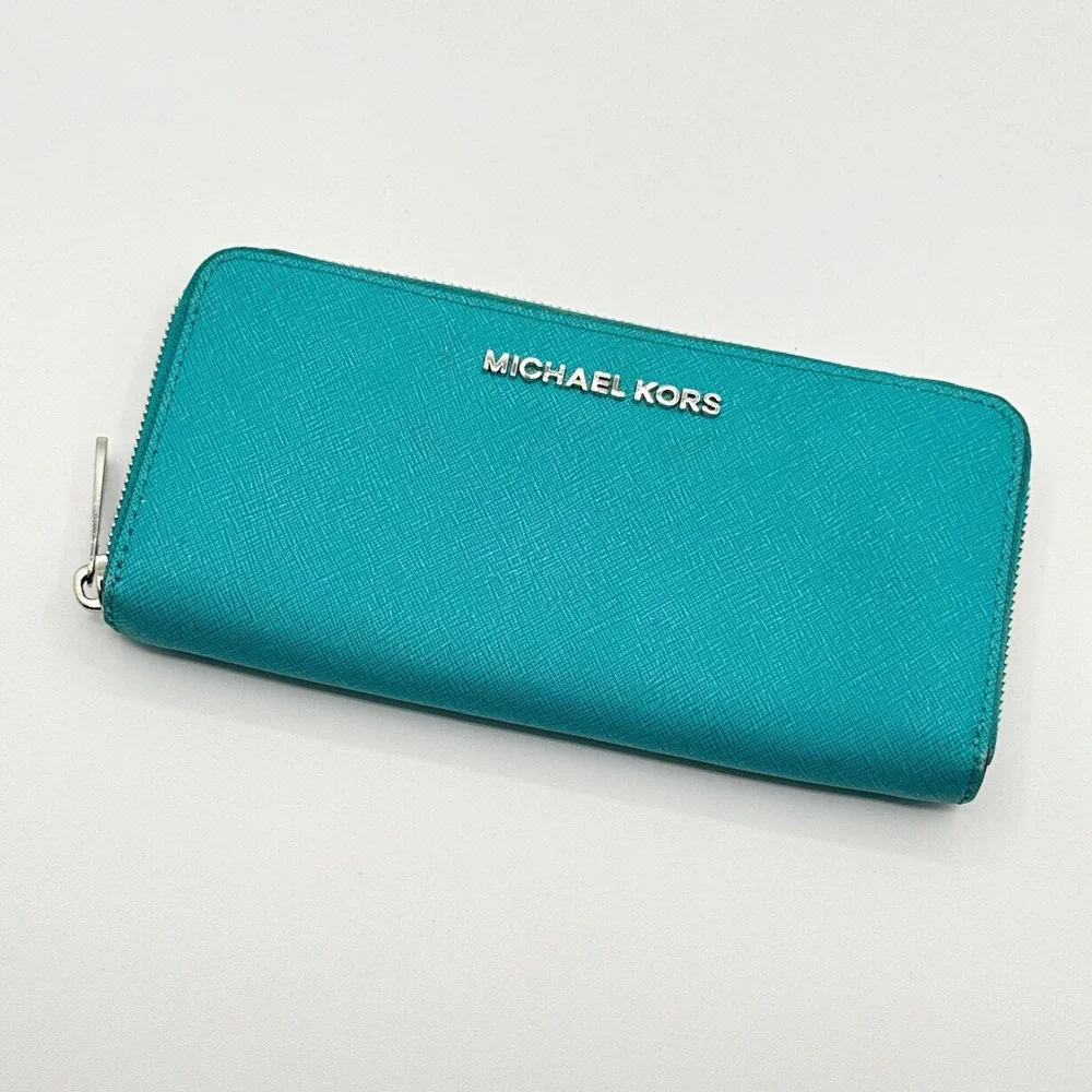 Michael Kors Jet Set Travel Continental Wallet Teal Saffiano Leather Zip Around